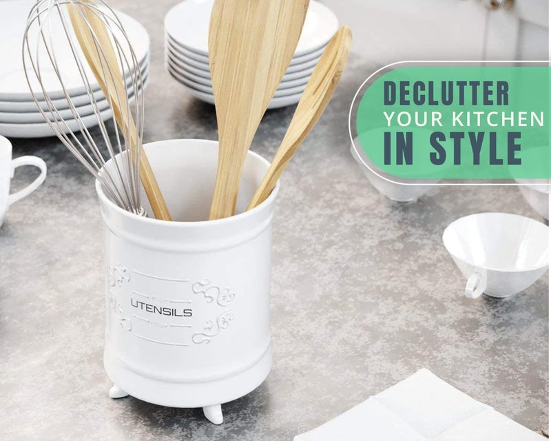 Comfify White Ceramic Utensil Holder – Vintage Style Kitchen Caddy – Shabby Chic Countertop Organizer – Rustic French Country Crock for Cooking Enthusiasts - Image 4